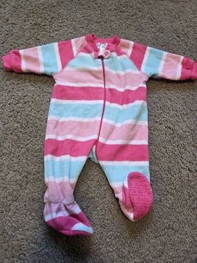 The Children's Place Pink, Light Blue & White Striped Fleece Footed One-Piece